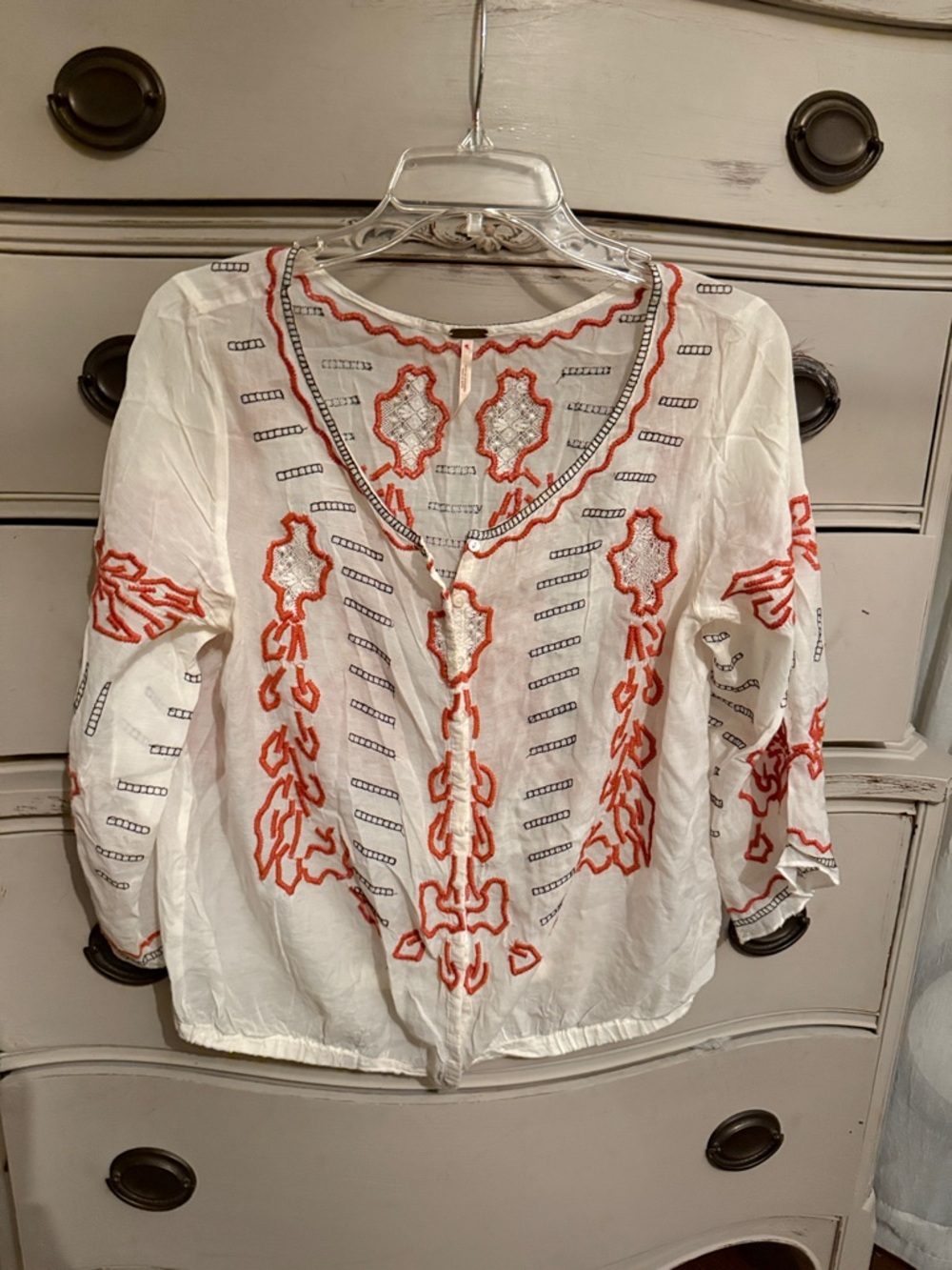 Free People Ivory Button Down Embroidered Blouse M